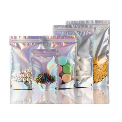 Clear transparent recyclable plastic ziplock front and holographic foil back zip lock stand up pouch bag with zipper