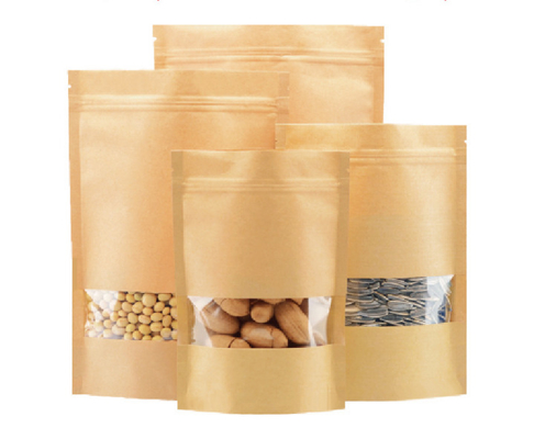 Recyclable Brown Kraft Paper Stand Zipper Pouches Eco - Friendly Food Packaging Bags With Window