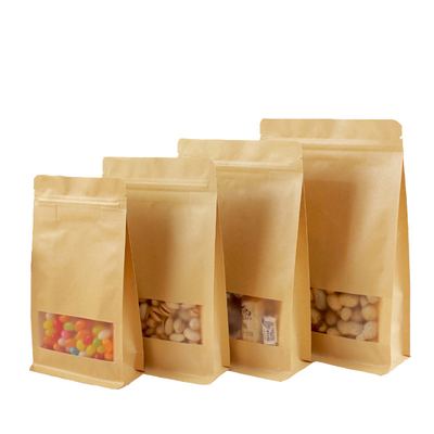 Recyclable Food Grade Storage Flat Bottom Kraft Paper Resealable Holder Up Pouches With Zipper For Food Packaging