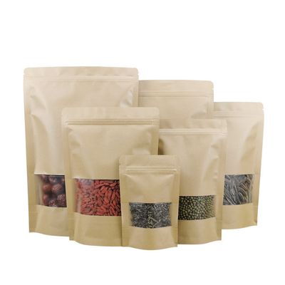 Moisture Proof In Stock Brown Doypack Stand Up Pouch Kraft Paper Zip Lock Bags With Clear Window And Zipper